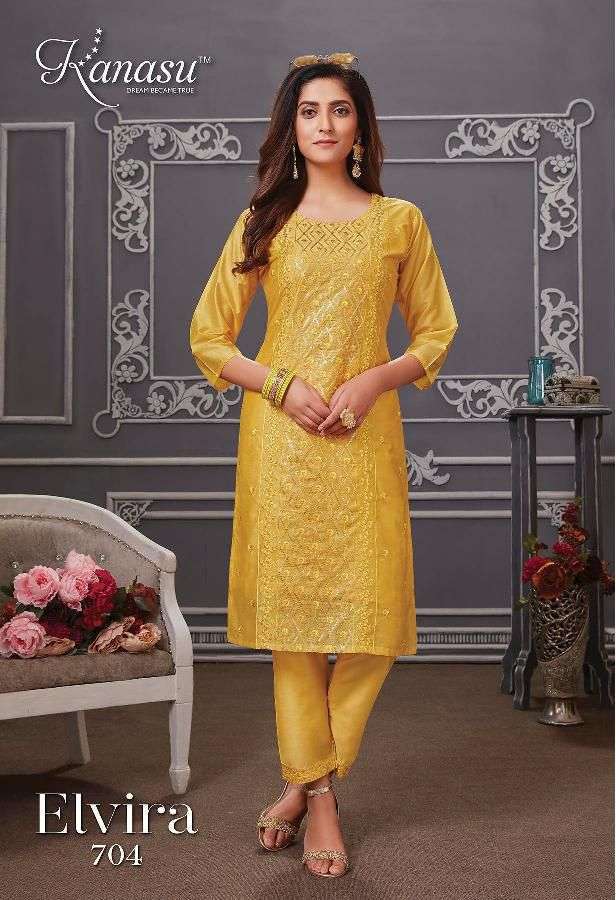 ELVIRA SERIES 701 TO 708 KURTI BY KANASU DESIGNER CHANDERI SILK KURTIS ARE AVAILABLE AT WHOLESALE PRICE